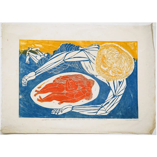 Thomas Elsner (born 1921) "Genesis. Adam and Eve: An Amulet for the Sixth Morning" MCM woodcut on thin paper, pencil...