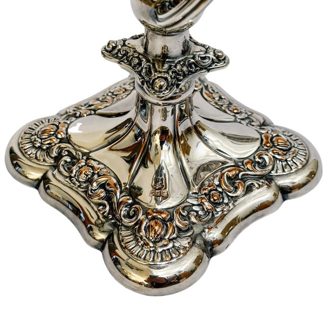 Silver Antique Rococo Style Barker Ellis English Silver Plated 3-Arm Candelabras - A Pair For Sale - Image 8 of 14