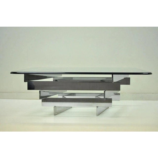 Vintage Mid Century Modern Stacked Chrome Glass Top Coffee Table attributed to Paul Mayen for Habitat. Item features a...