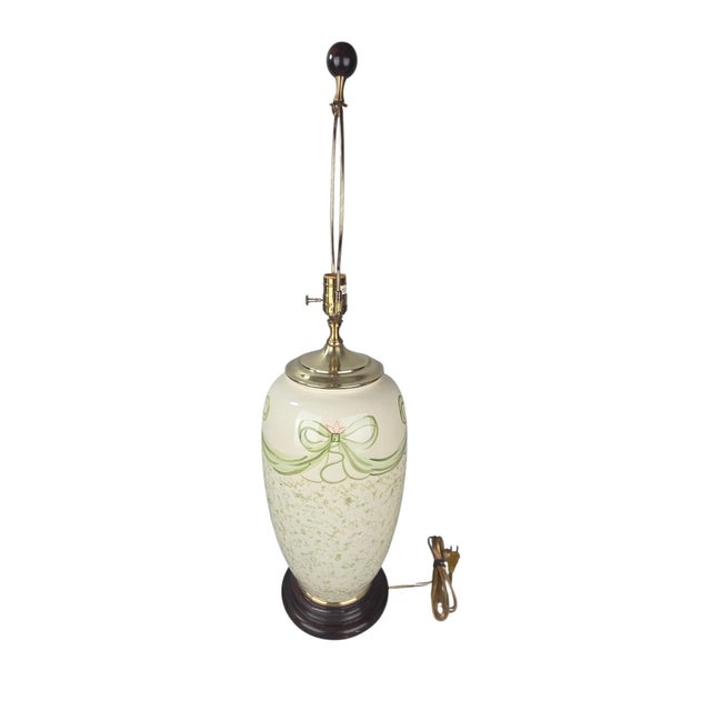 French Country Vintage Wildwood Crackle Glaze Ceramic Urn Table Lamp With Ribbon Swag Motif For Sale - Image 3 of 10