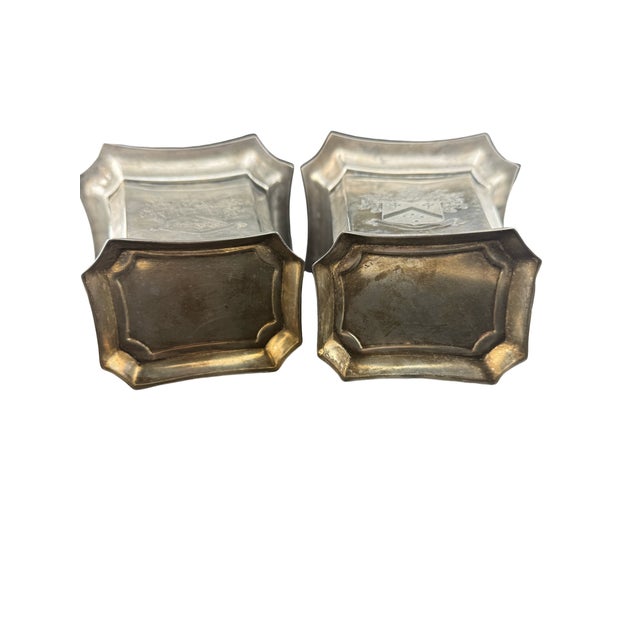 Metal Silver Tapered Shaped Engraved Coat of Arms Urn Pair For Sale - Image 7 of 7