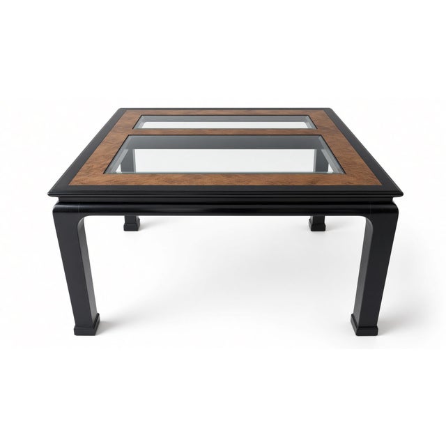 Wood 1970s Attributed to Chin Hua by Raymond Sobota for Century — Black Lacquer & Burl Glass-Top Extension Table, Model 540-333 For Sale - Image 7 of 11