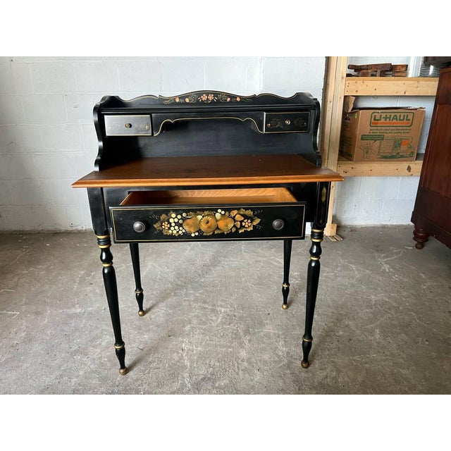 Ethan Allen Hitchcock Style Stencil Gilt and Ebonized Decorated Ladies Writing Desk For Sale - Image 4 of 11