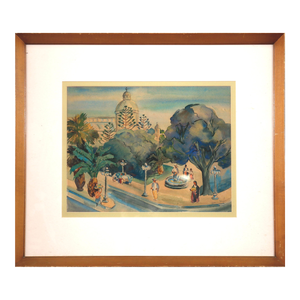 H.Bilger Modern Street Scene Watercolor and Ink Painting, Framed