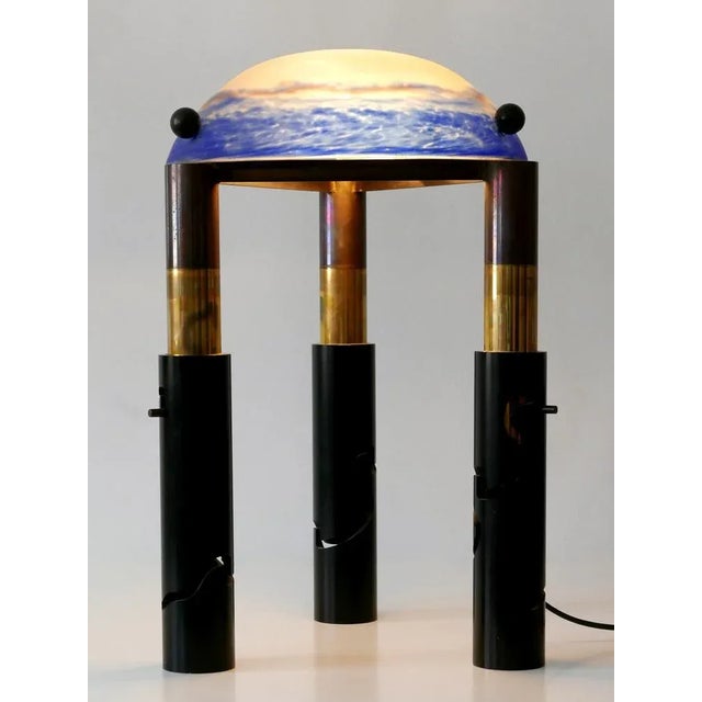 Unique and monumental table or floor lamp. Adjustable height. Custom made in germany, 1980s. A marriage. Art deco glass...