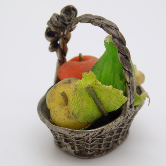 Vintage Italian Handmade Genuine Silver & Salt Dough Fruit Basket Dollhouse Miniature Made in Tuscany 1970s For Sale - Image 4 of 9