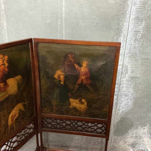 Edwardian Mahogany Screen Set with Hunting Oil Paintings, 1905 For Sale - Image 7 of 8