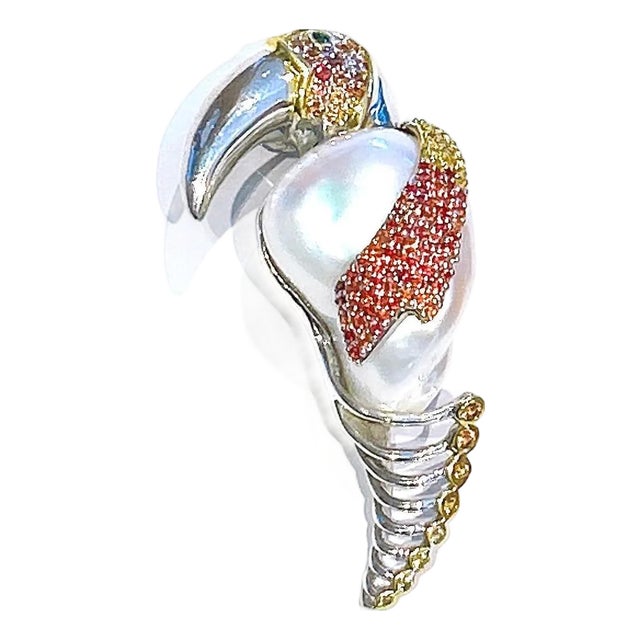 Bochic “Orient” Vintage Ruby, Sapphire & White South Sea Pearl Brooch 18K Gold For Sale