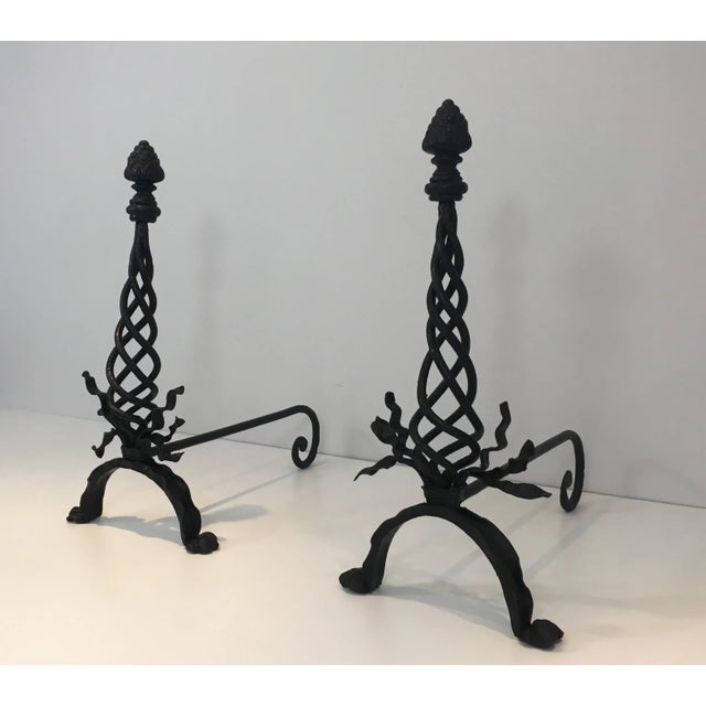 Twisted Wrought Iron Andirons with Finials, French, circa 1920 - A Pair For Sale - Image 10 of 13