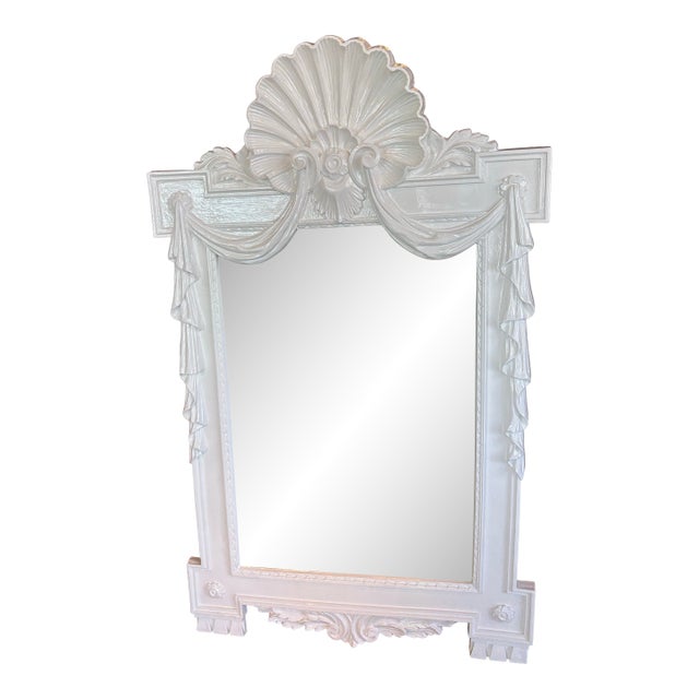 Vintage Palm Beach Shell Draped White Lacquered Wall Mirror Pair Available For Sale