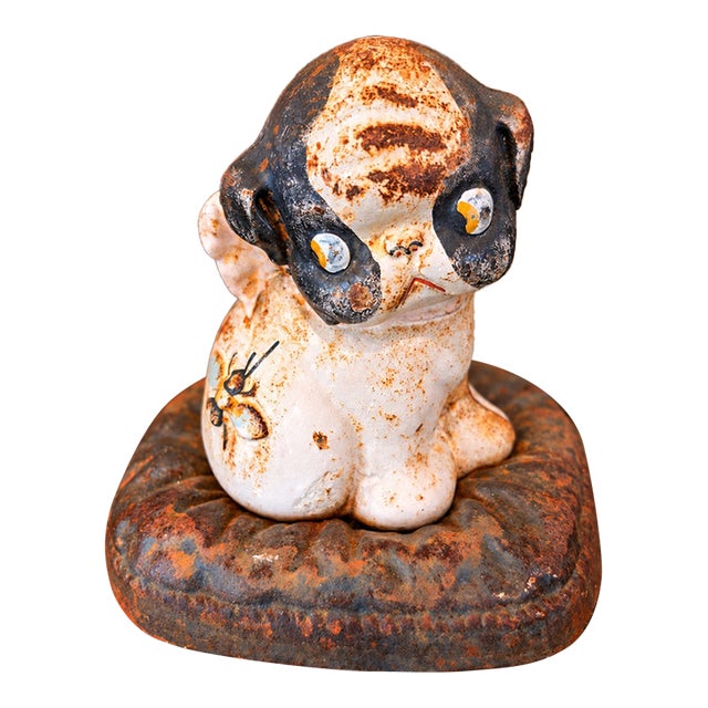 Antique Cast Iron Puppo Dog on Pillow Still Bank, Attributed to Hubley, Early 20th Century For Sale