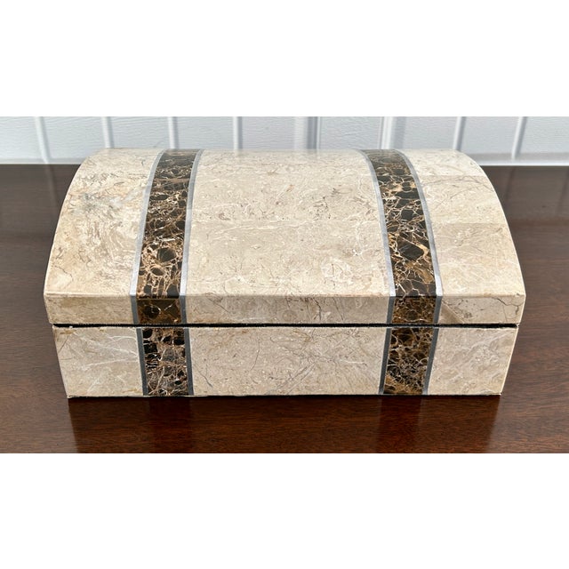 Maitland - Smith Vtg. Tessellated Travertine Stone Rectangular Inlaid Dome Top Lidded Box For Sale - Image 4 of 13