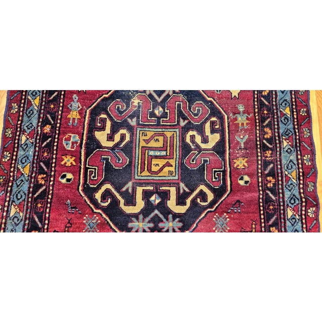 French Country Antique Caucasian Cloudband Kazak Area Rug, Wool, Cranberry Red, 1890s, 3' x 7' For Sale - Image 3 of 18