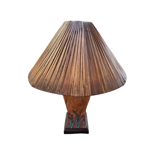 Sculptural Nature-Inspired Table Lamp With Ribbed Bamboo Shade, Dragonfly and Frog Finial For Sale In Greensboro - Image 6 of 11