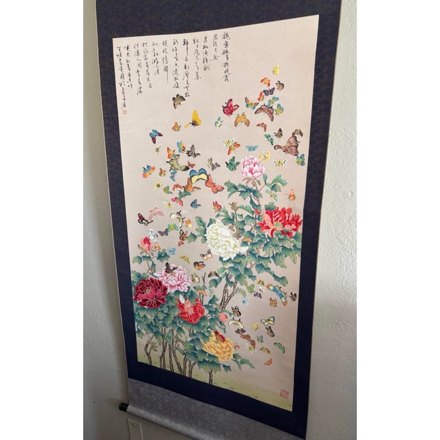 Chinese Vintage Chinese Hanging Scroll Painting — Hundred Butterflies & Peonies With Calligraphy, Silk Brocade Mount For Sale - Image 3 of 12