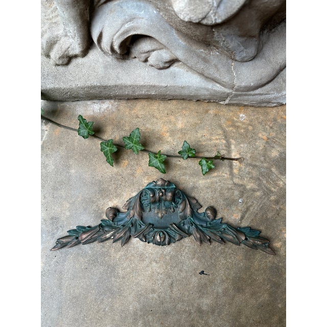 Baroque Vintage Baroque Cast Metal Bronze Architectural Pediment With Verdigris Patina – Castilian Imports For Sale - Image 3 of 6