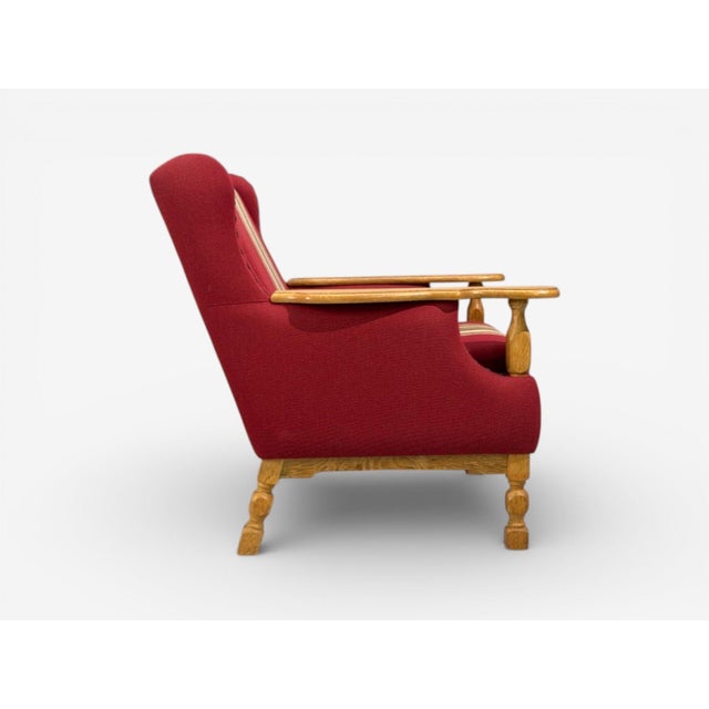 1960s Henning Kjærnulf Style, Lounge Chairs, Red Fabric, Oak, Denmark, 1960s For Sale - Image 5 of 11