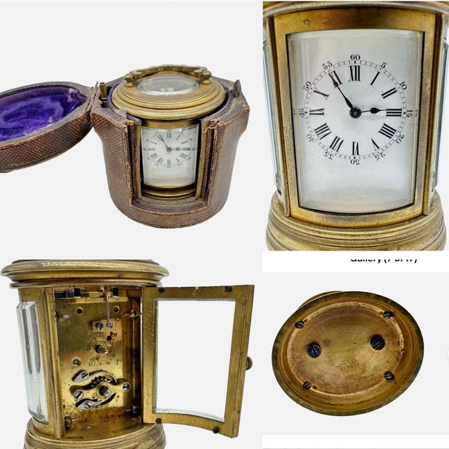Antique French Oval Brass Carriage Clock With Travel Case For Sale - Image 9 of 14