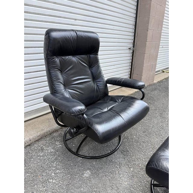 Vintage Ekornes Stressless Black Leather Recliner & Ottoman For Sale - Image 12 of 18