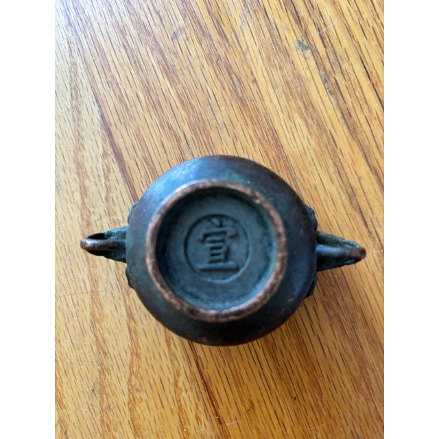 Chinese Chinese Patinated Bronze Censer With Elephant Handles & Wood Stand For Sale - Image 3 of 6
