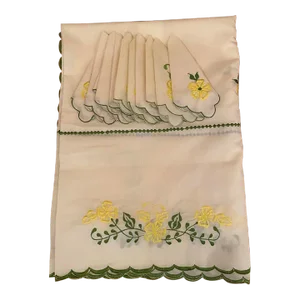 Vintage Silk Organza Tablecloth & Napkin Set with Embroidered Yellow Flowers- 11 Pieces