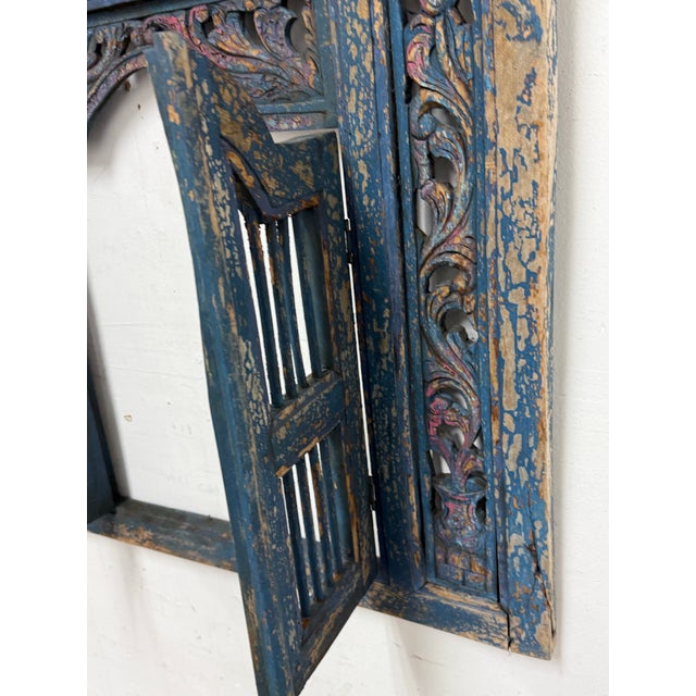 Blue Indonesian Carved Wood Window Wall Decor For Sale - Image 8 of 12