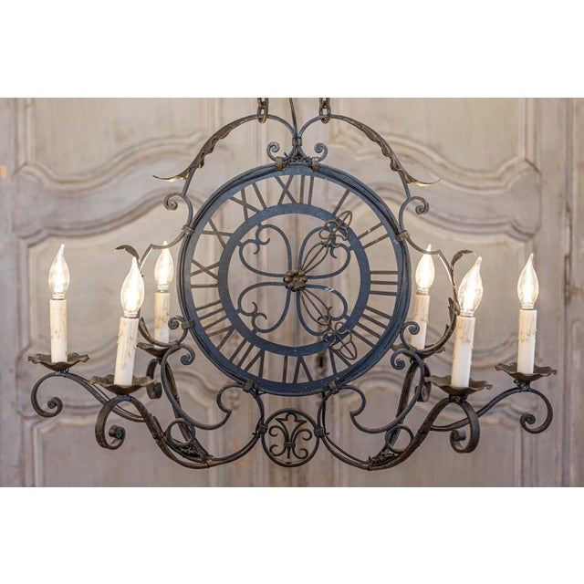 French Mid 20th Century French Wrought Iron Six-Light Clock Face Chandelier with Scrolling Arms For Sale - Image 3 of 10