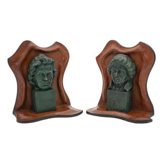 Mozart and Beethoven Leather Bookends with Patina, Set of 2 For Sale