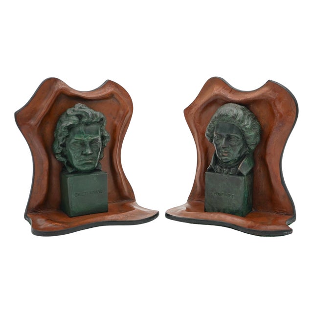 Mozart and Beethoven Leather Bookends with Patina, Set of 2 For Sale