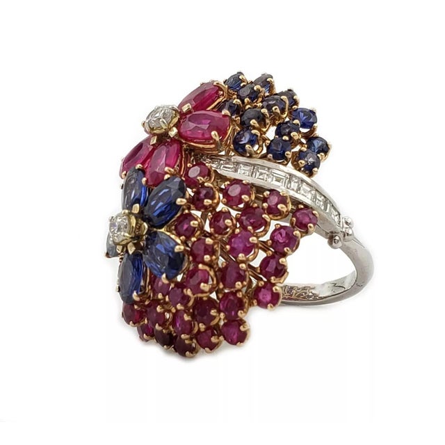 1990s Stunning 13ct Ruby Sapphire Diamonds 14k White Gold Floral Long Dome Ring For Sale - Image 5 of 7