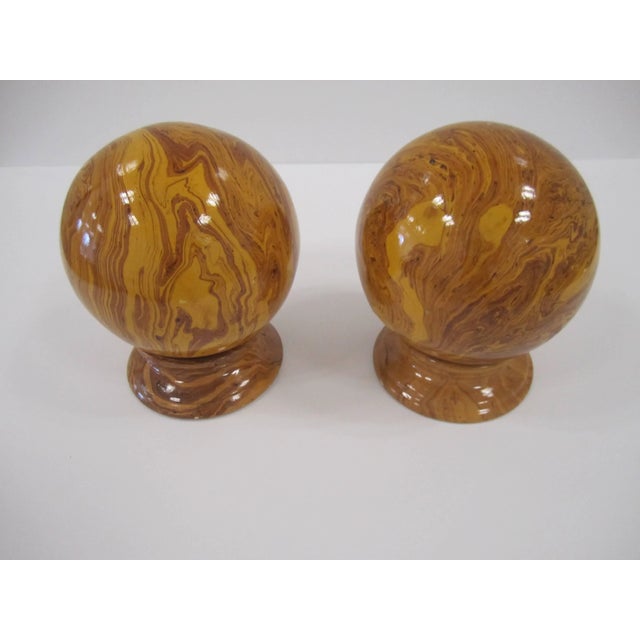 Ceramic Italian Yellow Marbleized Pottery Ball Spheres on Pedestal Bases - a Pair For Sale - Image 7 of 11
