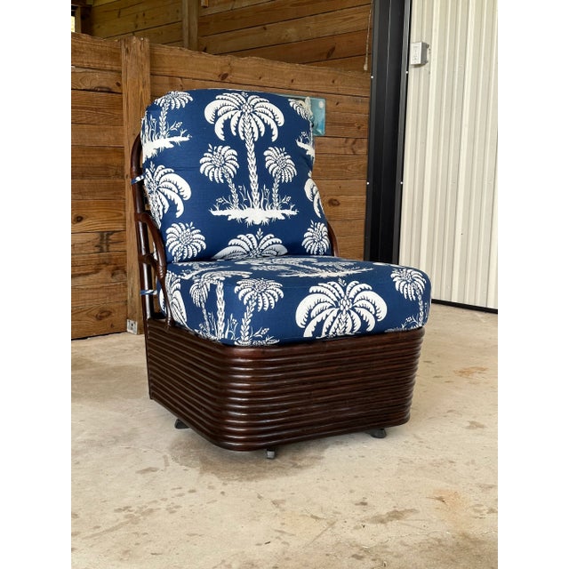 Blue Vintage Braxton Culler Stacked Rattan Swivel Lounge Slipper Chair in Thibaut Fabric For Sale - Image 8 of 13