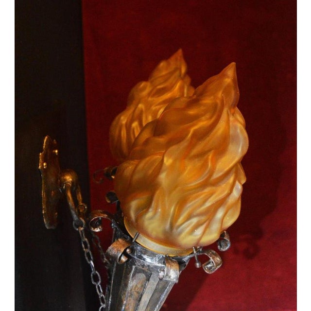 Metal Victorian Gothic Twin Torchère Wall Light with Opaline Flame Shades, 1850s For Sale - Image 7 of 18