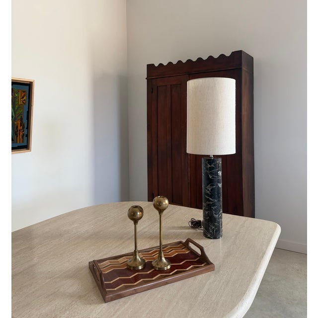 Striking Minimalist Mid Century Modern carved marble cylinder lamp by Robert Sonneman circa 1960s. Original partial...
