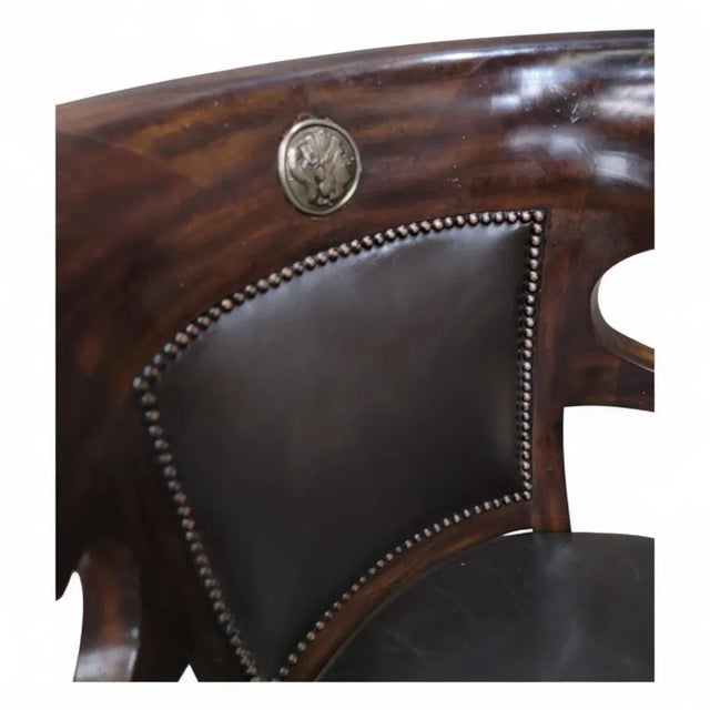 Vintage George IV English Regency Style Black Leather Chairs With Metal Lion Head Arms - Pair For Sale - Image 10 of 11