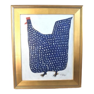 Folk Art Navy Blue Chicken Hen Rooster Painting Ruth Arenz Including the Antiqued Gold Wood Frame For Sale