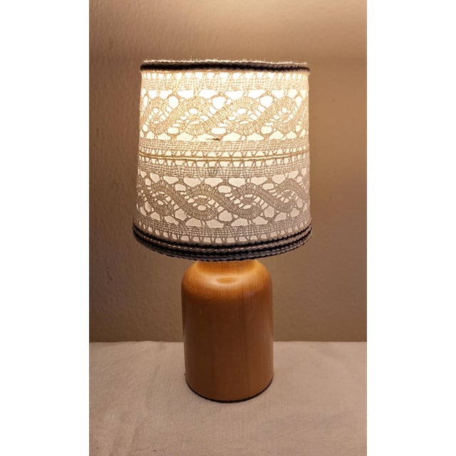 Wood Vintage Bedside Lamps with Yellow-Brown Yew Wood Base and Fabric Shade from Lamplove, 1980s, Set of 2 For Sale - Image 7 of 10
