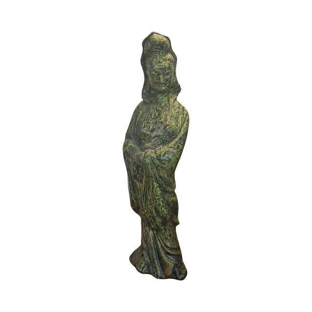 Mid-Century Modern Vintage Handcrafted Verdigris Guanyin Ceramic Sculpture For Sale - Image 3 of 11