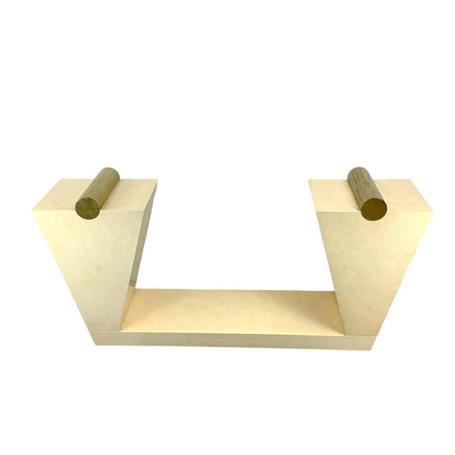 Vintage Modern Parchment-Style Console Table With Glass Top and Brass Accents For Sale - Image 11 of 18