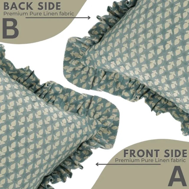 Not Yet Made - Made To Order Fabdivine Ethnic Block Print Fril Cushion Cover Gray 14x14 Inch Pure Linen- Haryali For Sale - Image 5 of 5