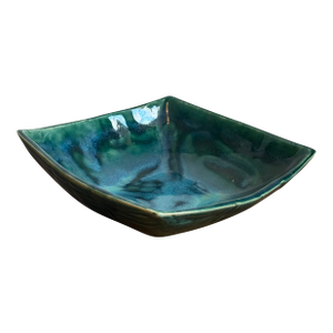 Vintage Hand Thrown and Pinched Square California Studio Pottery Bowl in Blue-Green Glaze, Signed