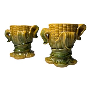 Traditional Fall Harvest Corn Husk Candleholders in the Style of Majolica, a Pair For Sale