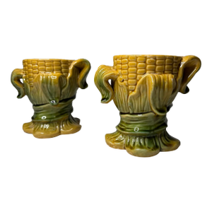 Vintage Fall Harvest Corn Husk Candleholders in the Style of Majolica, a Pair