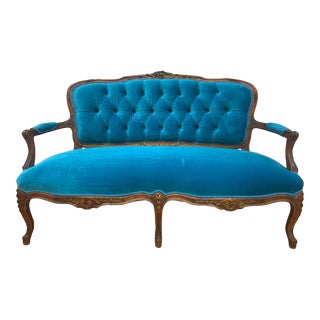 Antique French Louis XV Style Carved Walnut Settee, Newly Reupholstered For Sale