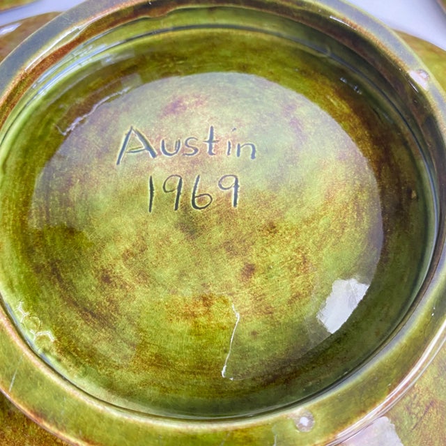 Mid Century 1960s Centerpiece Bowl and Candle Holders Avocado Glaze Ceramic Set of 3 For Sale - Image 6 of 10