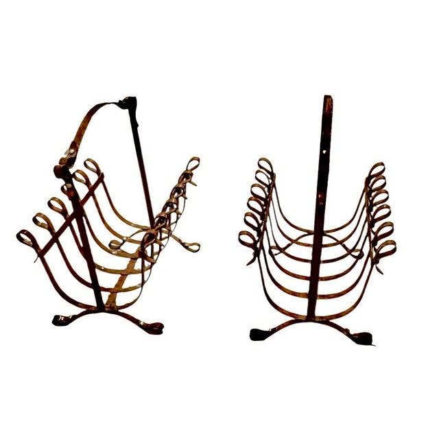 French Country 1960s Faux Equestrian Leather Belt, Iron Magazine Rack For Sale - Image 3 of 12