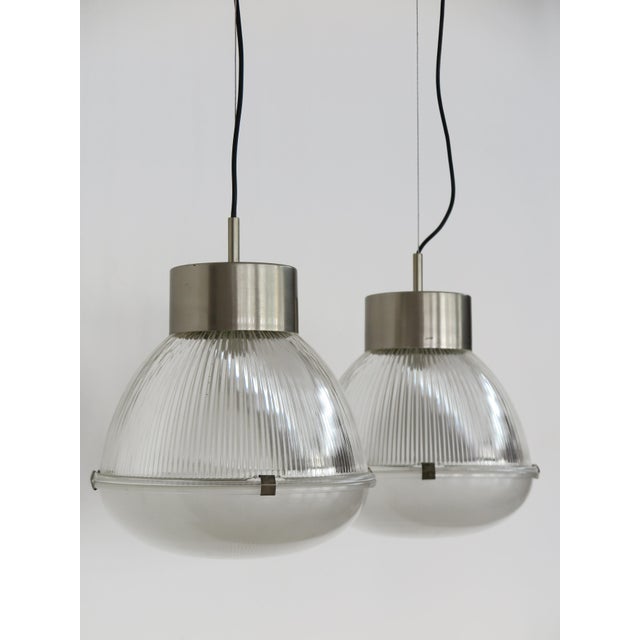 Mid-Century Modern Italian Metal Glass Pendant Lamps attributed to Tito Agnoli for Oluce, 1950s, Set of 2 For Sale - Image 3 of 15