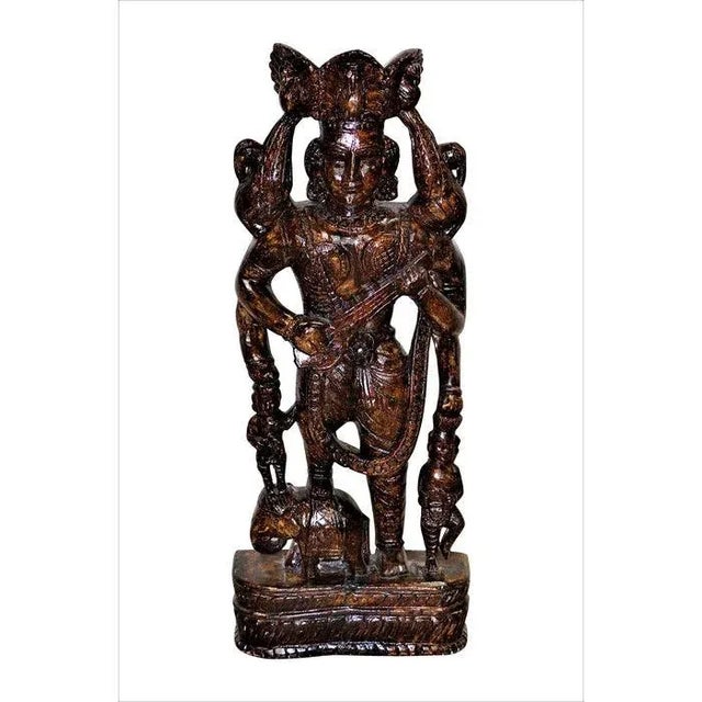 Far Pavilions Eclectic Wooden Carved Tall Traditional Musician Statue | Solid Wood Woman Sculpture | Distressed Painted Figurine | Indian Deity Statue For Sale - Image 4 of 4