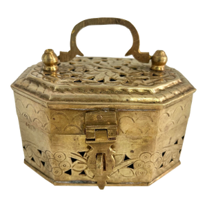 Mid 20th Century Brass Chinoiserie Pierced Floral Cricket Box