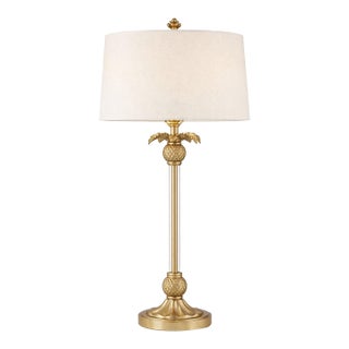 Late 20th Century Tall Hollywood Regency Sunlit Brass & Glass Column Table Lamp With Pineapple Motif and Linen Drum Shade – 32” H For Sale